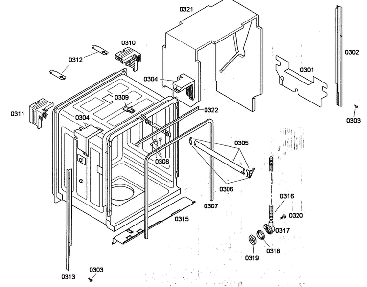 Cabinet Diagram and Parts List for SHE43P05UC 56 Bosch Dishwasher