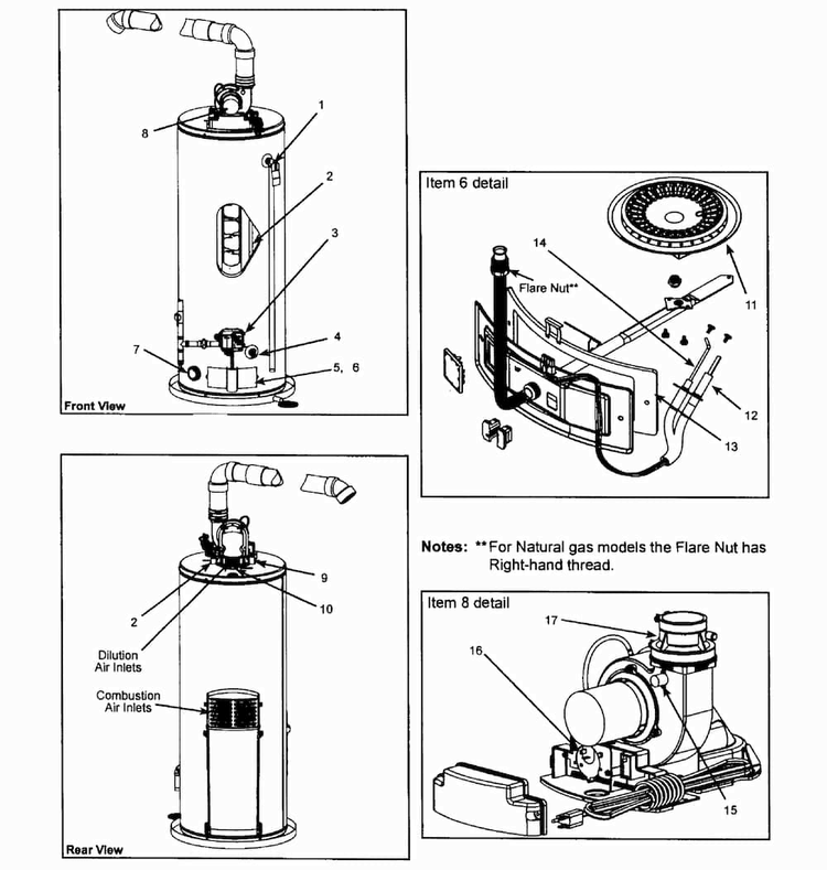 Water Heater Diagram and Parts List for 153331360  Kenmore Water Heater