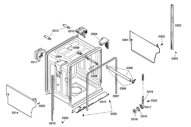 Cabinet Parts Diagram and Parts List for SHX33M06UC 46 Bosch Dishwasher
