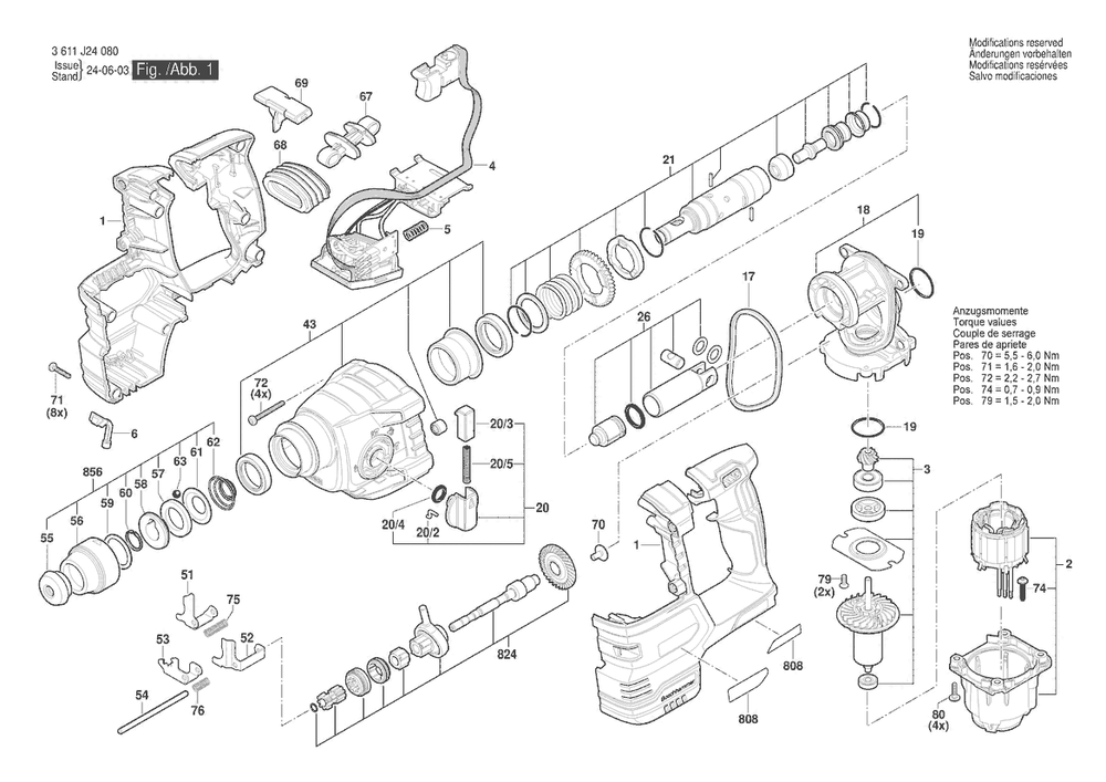 Section 1 Diagram and Parts List for 3611J24050  Bosch Hammer Drill