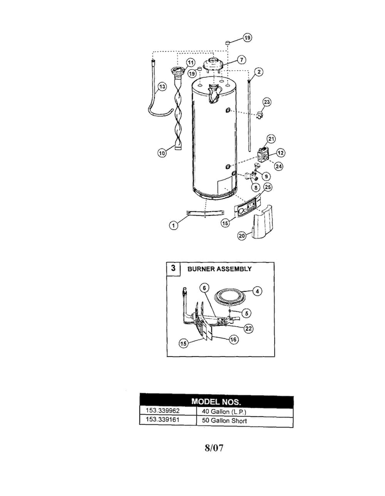 Water Heater Diagram and Parts List for 153339962  Kenmore Water Heater