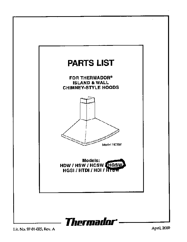 Cover Diagram and Parts List for HGSW  Thermador Range Hood