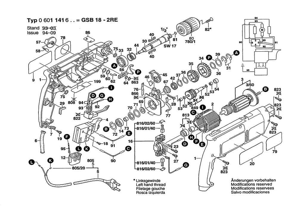 Section 1 Diagram and Parts List for GSB18-2RE 0601141639 Bosch Hammer Drill
