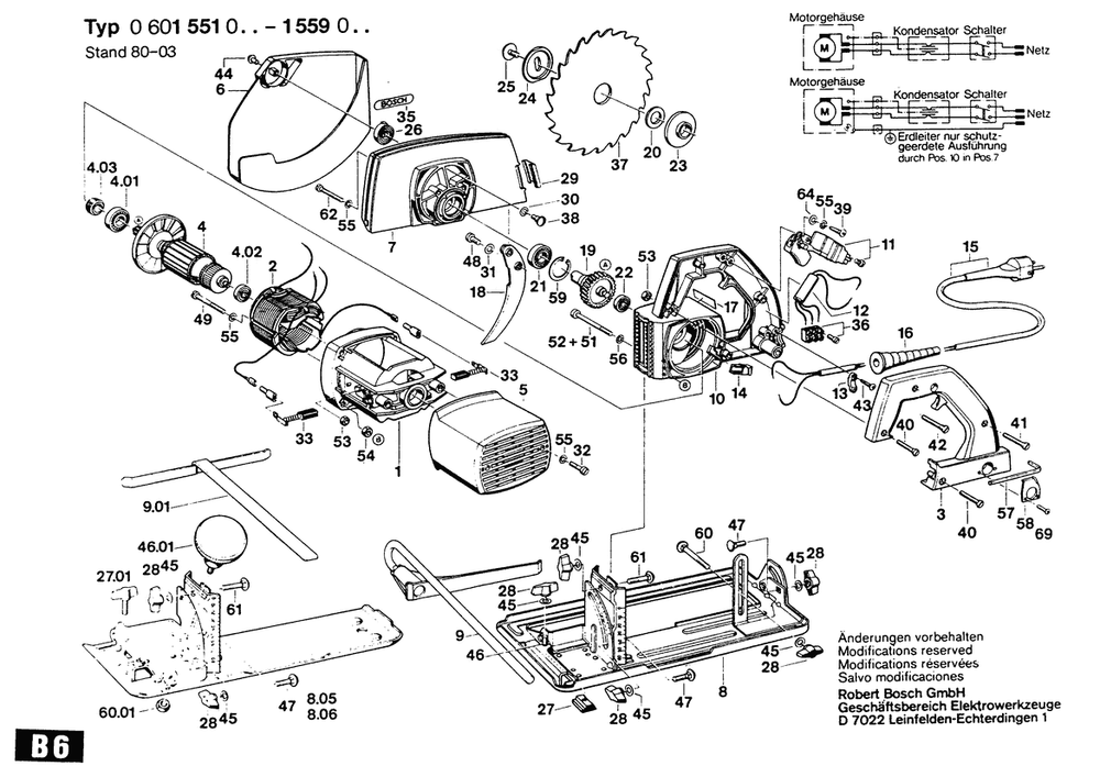 Section 1 Diagram and Parts List for 0601555001  Bosch Circular Saw