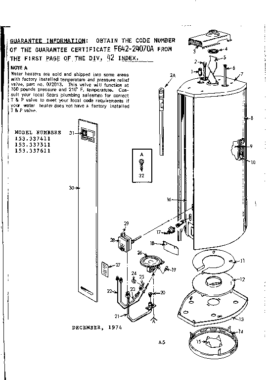Replacement Parts Diagram and Parts List for 153337511  Kenmore Water Heater
