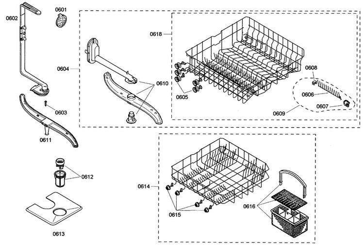 Baskets Diagram and Parts List for SHE43C05UC 47 Bosch Dishwasher