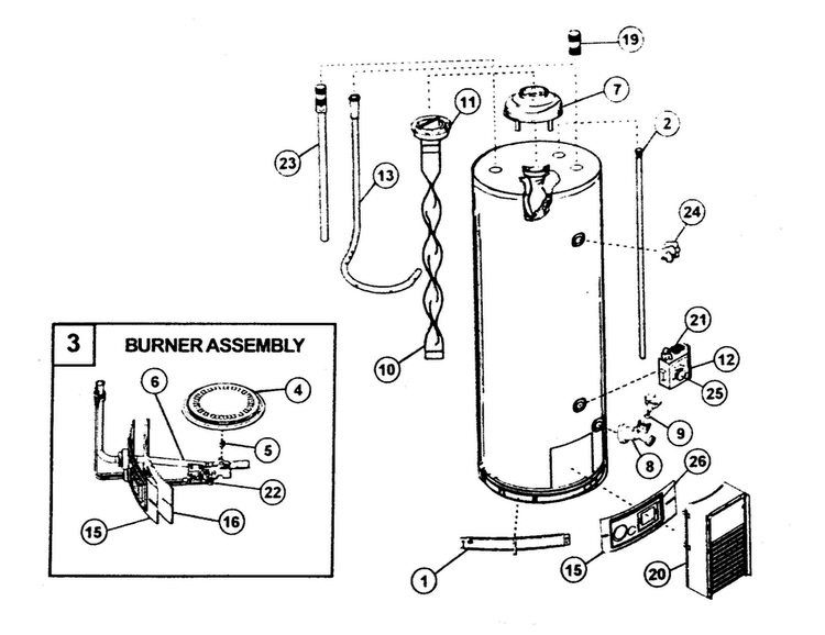 Water Heater Diagram and Parts List for 153331514HA  Kenmore Water Heater