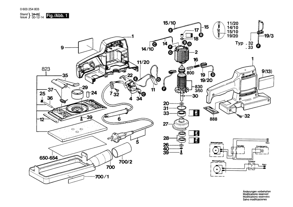 Section 1 Diagram and Parts List for PSS220 0603254832 Bosch Orbital or Palm Sander