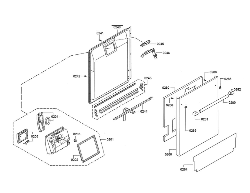 Door/Dispenser Diagram and Parts List for DWHD640JFP D7 Thermador Dishwasher