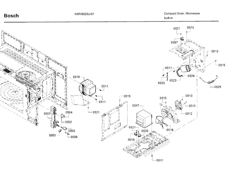 Electronic Parts Diagram and Parts List for HMV8053U 01 Bosch Microwave