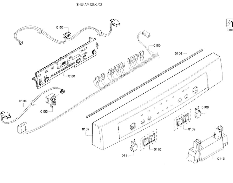 Control Panel Diagram and Parts List for SHE4AM12UC 02 Bosch Dishwasher