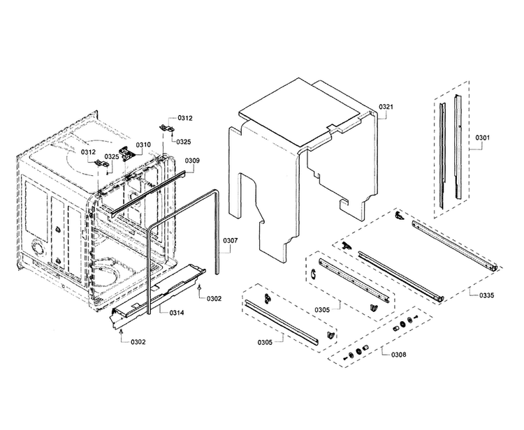 Cabinet Diagram and Parts List for SHE68T55UC 03 Bosch Dishwasher