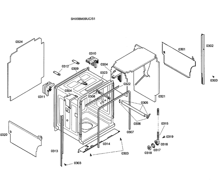 Cabinet Diagram and Parts List for SHX98M09UC 51 Bosch Dishwasher