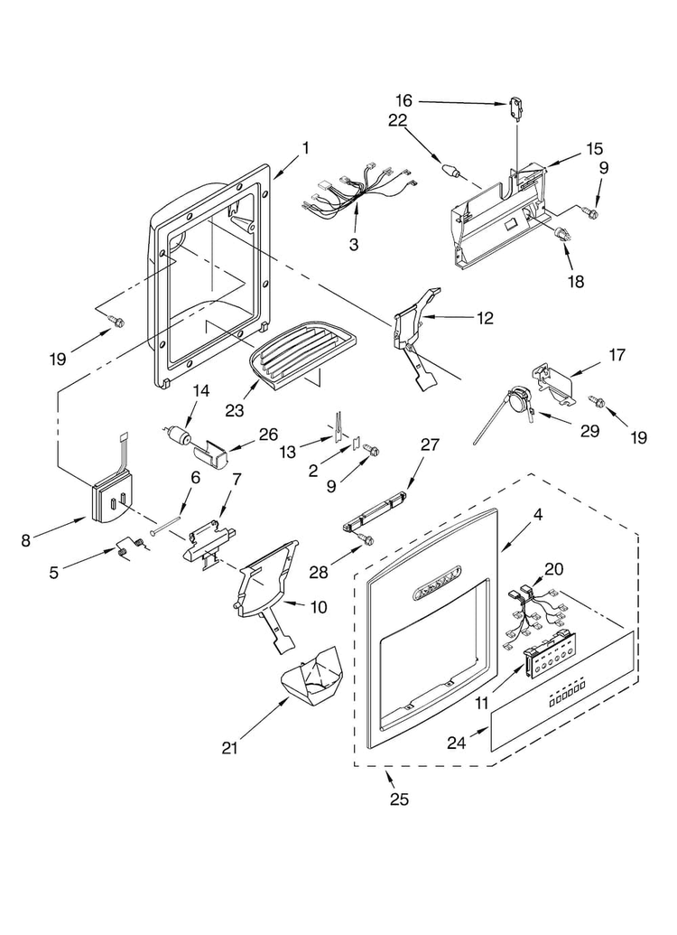 Dispenser Front Parts Diagram and Parts List for KBUDT4265E 04 Thermador Refrigerator