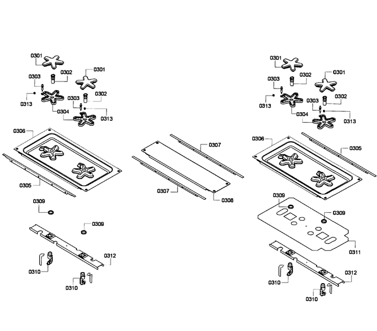 Burners Diagram and Parts List for PRD304EG 11 Thermador Range
