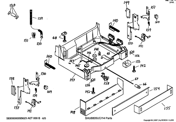 Base Assy Diagram and Parts List for SHU6805UC 14 Bosch Dishwasher