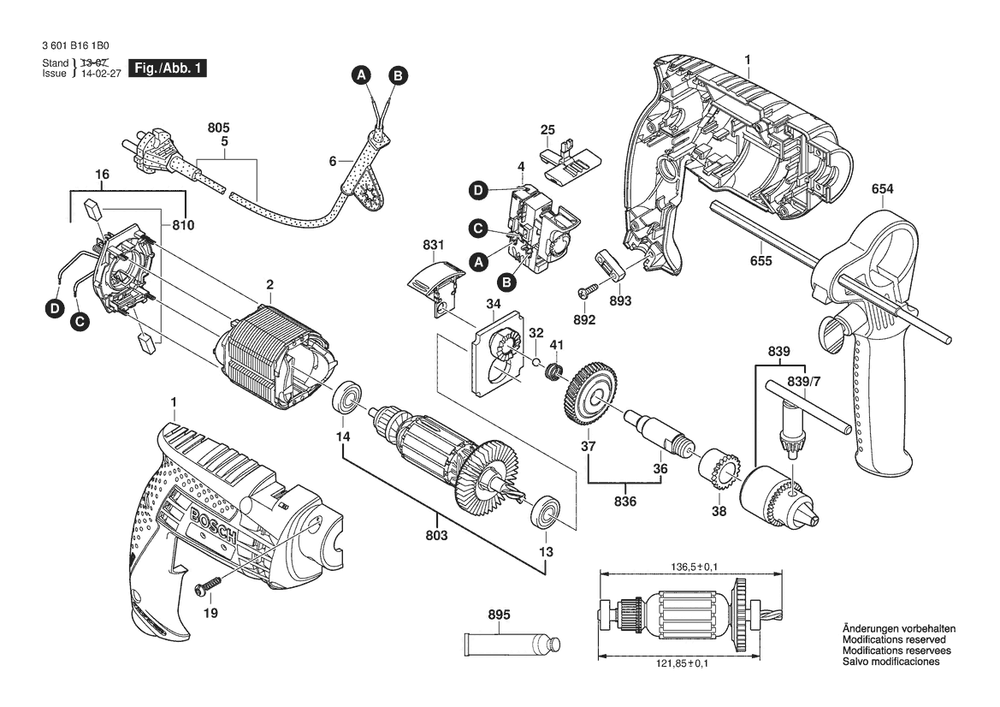 Section 1 Diagram and Parts List for GSB10RE 3601B161B3 Bosch Hammer Drill