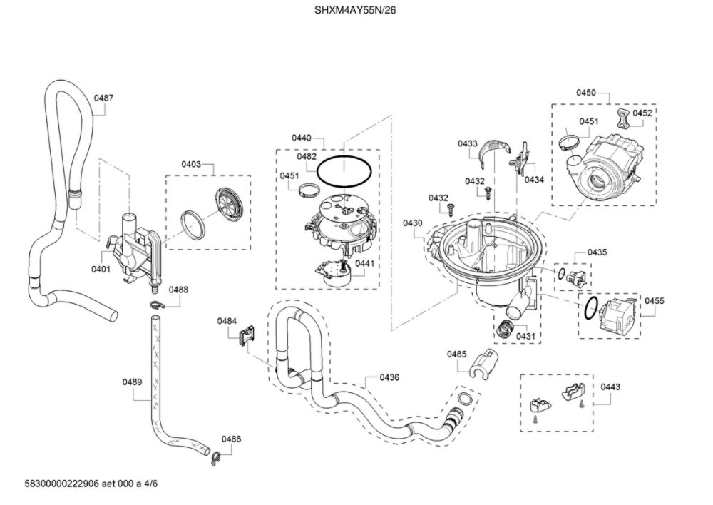 Water Inlet/Sump/Pump Diagram and Parts List for SHXM4AY55N 26 Bosch Dishwasher