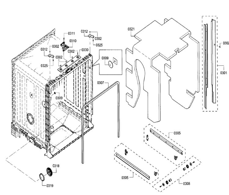 Cabinet Diagram and Parts List for SHE3AR56UC 21 Bosch Dishwasher