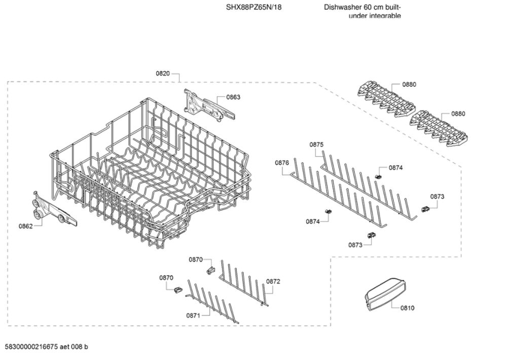 Upper Rack/Handle Diagram and Parts List for SHX88PZ65N 18 Bosch Dishwasher