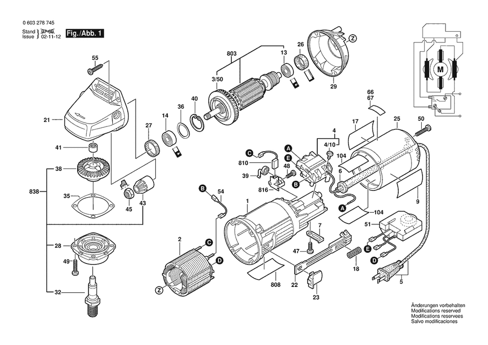 Section 1 Diagram and Parts List for PWS7-115E 0603278745 Bosch Angle Grinder