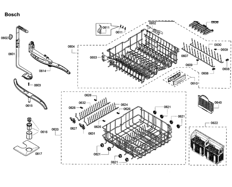 Baskets Diagram and Parts List for SHX65P06UC 59 Bosch Dishwasher