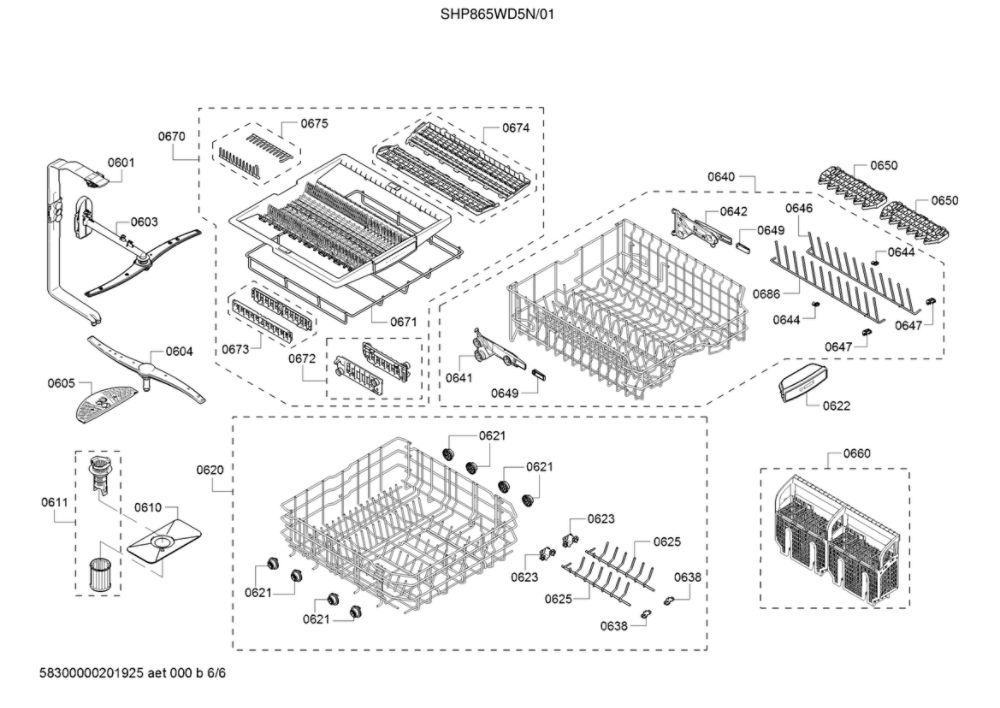 Racks/Spray Arms/Cutlery Basket Diagram and Parts List for SHP865WD5N 01 Bosch Dishwasher