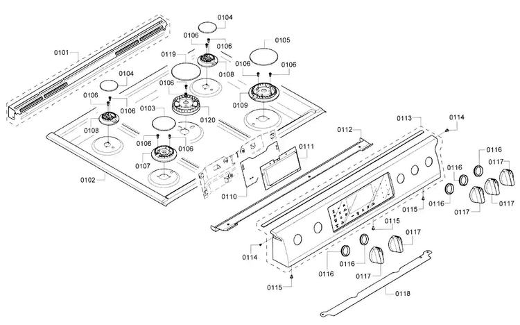 Panel & Burners Diagram and Parts List for HDIP054U 01 Bosch Range