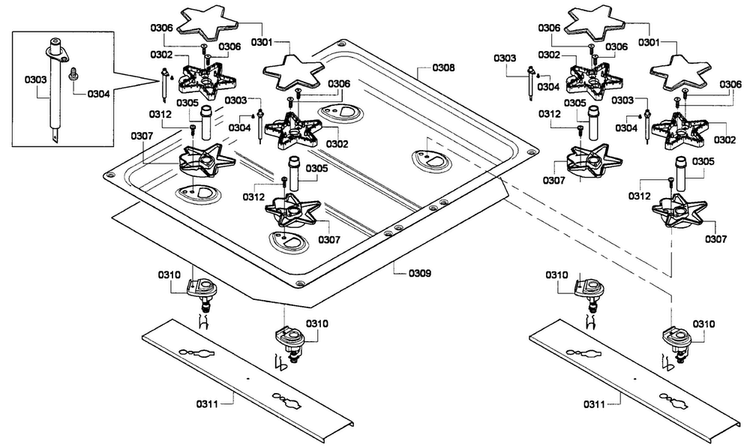 Burners Diagram and Parts List for PRD304GHU 01 Thermador Range