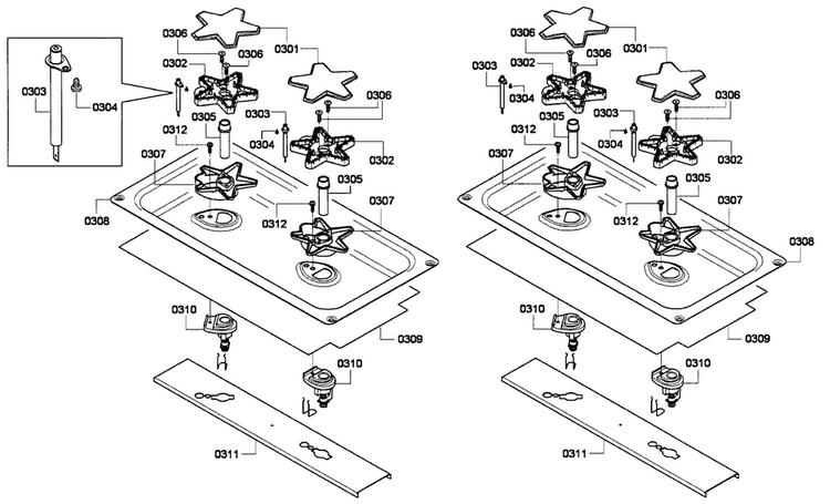 Burners Diagram and Parts List for PCG364GD-02  Thermador Cooktop