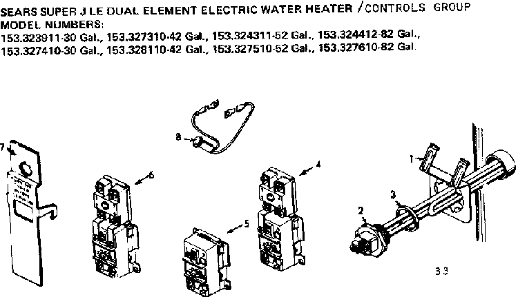 Controls Group Diagram and Parts List for 153327610  Kenmore Water Heater