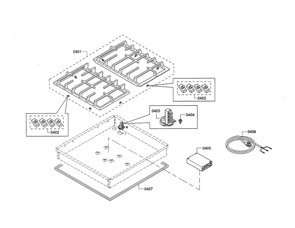 Grates/Terminal Block Diagram and Parts List for NGM5456UC 01 Bosch Cooktop