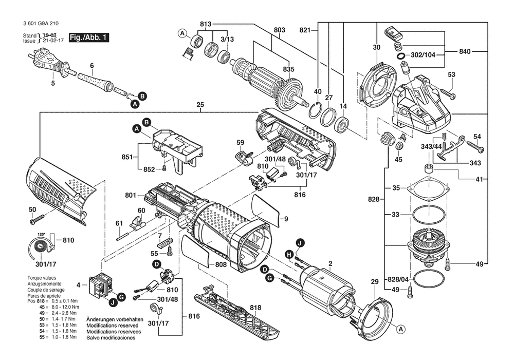 Section 1 Diagram and Parts List for AGP40-11PD 3601G9A210 Bosch Angle Grinder