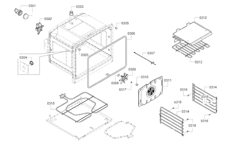 Oven Cavity Diagram and Parts List for HBN3450UC 10 Bosch Wall Oven
