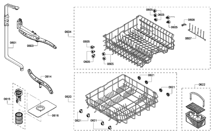 Baskets Diagram and Parts List for SHE4AM16UC 03 Bosch Dishwasher