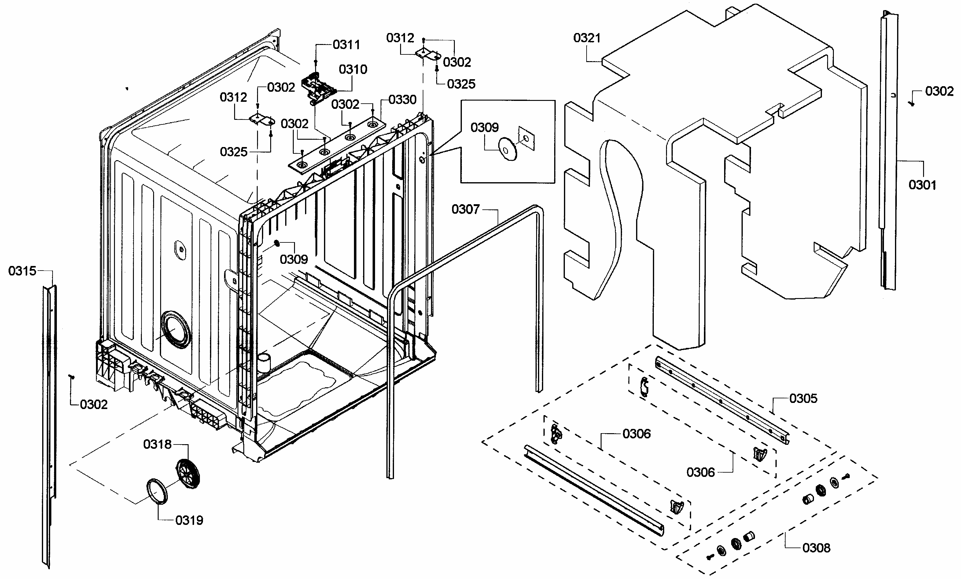 Cabinet Diagram and Parts List for S46KMK15UC 05 Bosch Dishwasher