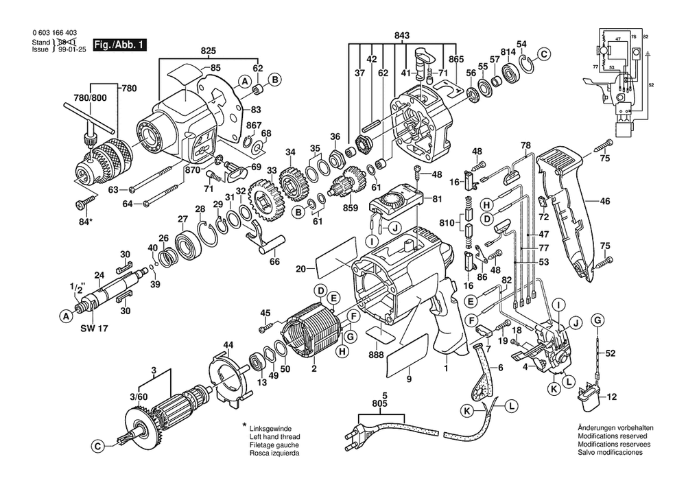 Section 1 Diagram and Parts List for CSB850-2RET 0603166450 Bosch Hammer Drill