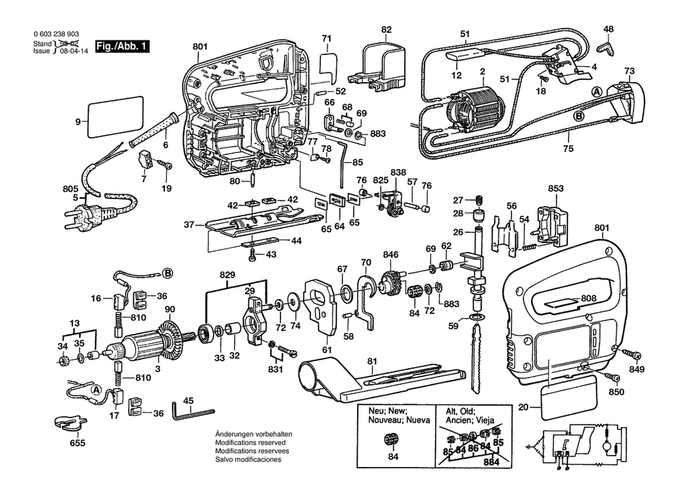 Section 1 Diagram and Parts List for PST60PEA 0603238932 Bosch Jig Saw