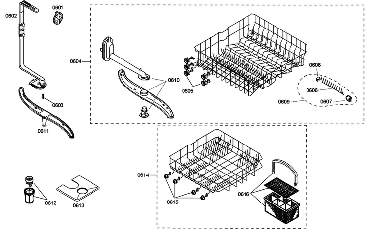 Baskets Diagram and Parts List for SHE42L16UC 38 Bosch Dishwasher