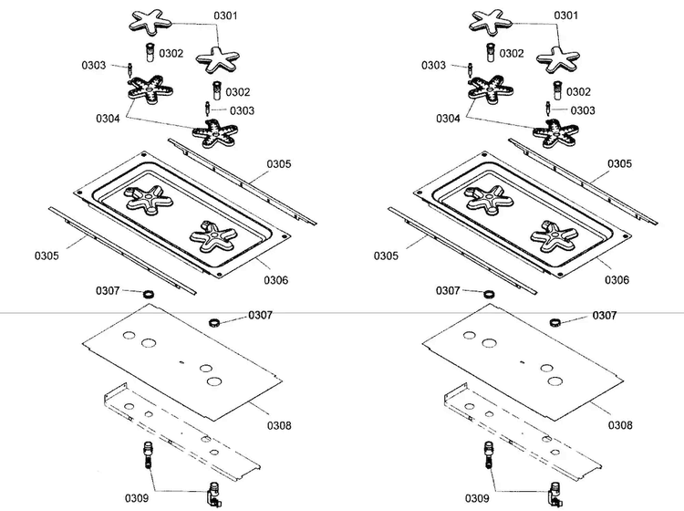 Burners Assy Diagram and Parts List for PRG364EDG02  Thermador Range
