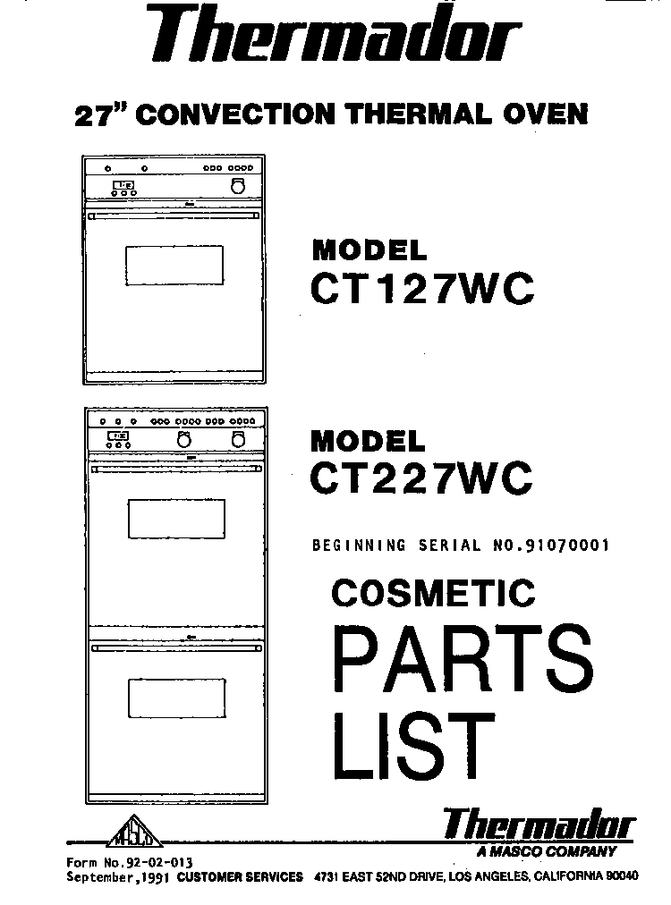 Front Cover Diagram and Parts List for CT127WC  Thermador Wall Oven
