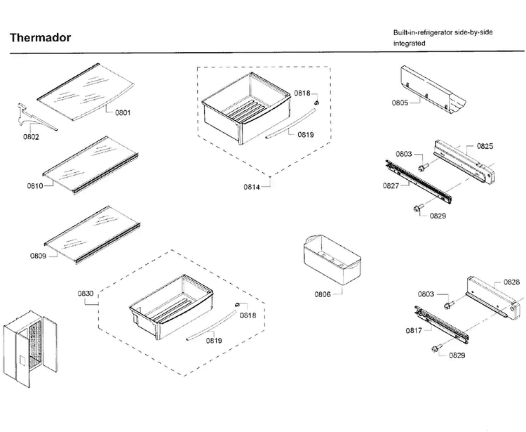 Drawer & Shelf Asy Diagram and Parts List for T42BD820NS 02 Thermador Refrigerator