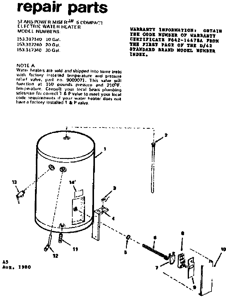 Replacement Parts Diagram and Parts List for 153317340  Kenmore Water Heater