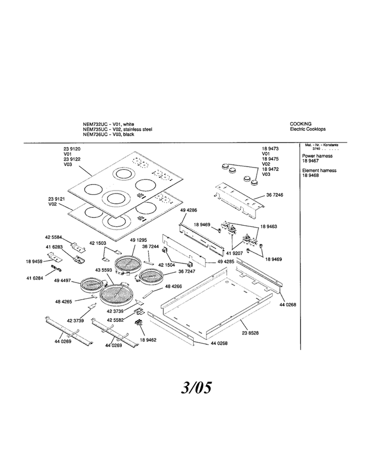 Electric Cooktop Diagram and Parts List for NEM735UC 01 Bosch Cooktop