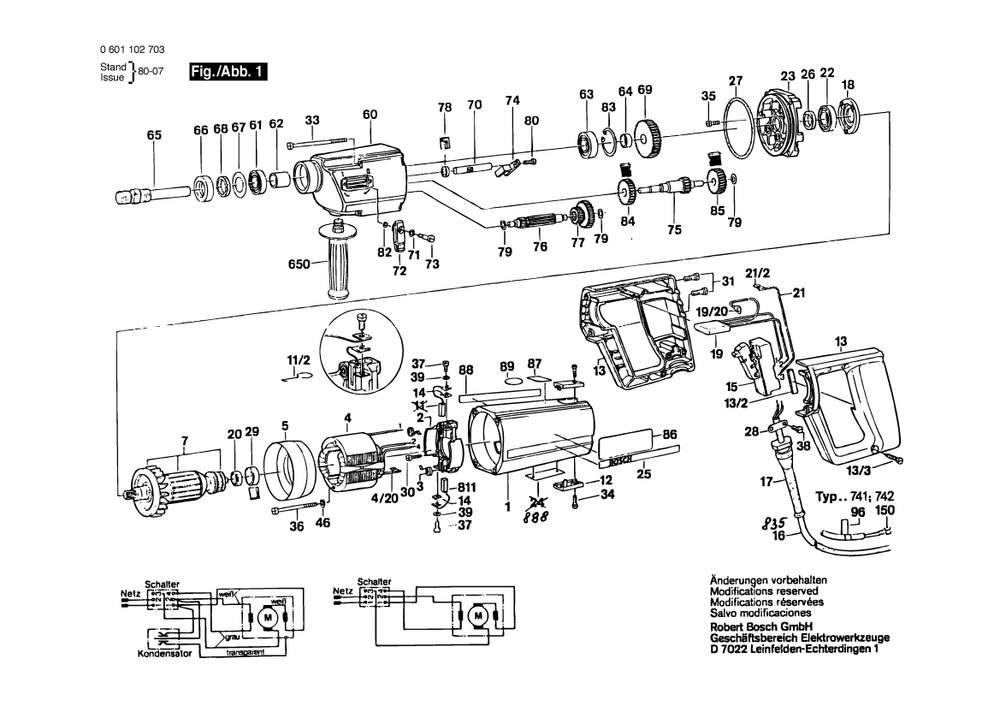 Section 1 Diagram and Parts List for 0601102905  Bosch Drill