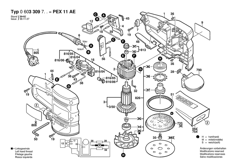 Section 1 Diagram and Parts List for PEX11AE 0603309738 Bosch Orbital or Palm Sander