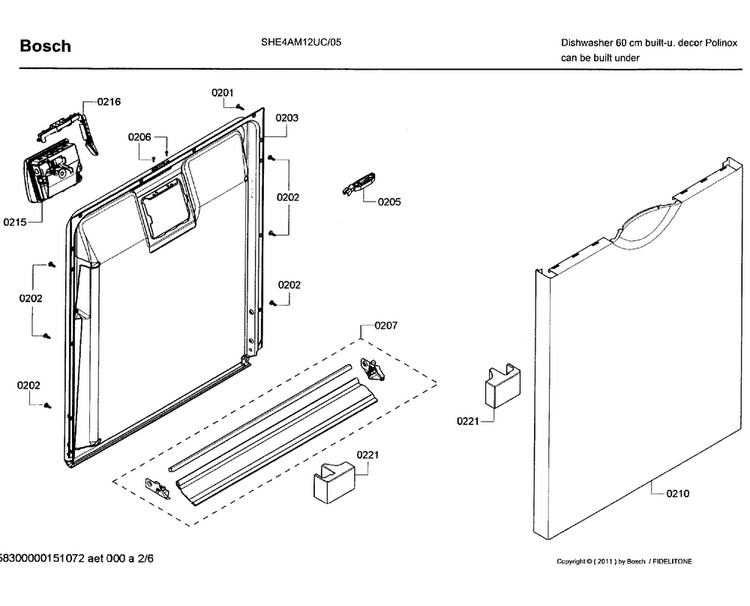 Door Assy Diagram and Parts List for SHE4AM12UC 05 Bosch Dishwasher