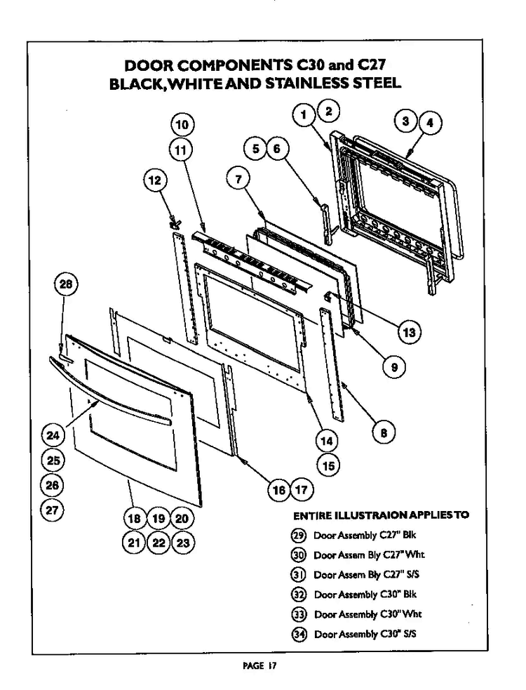 Door Components, C30 And C27 Diagram and Parts List for C301U  Thermador Range