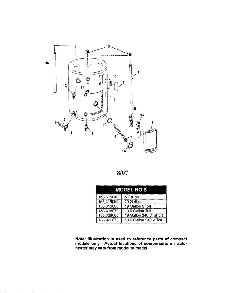 Water Heater Diagram and Parts List for 153316040  Kenmore Water Heater