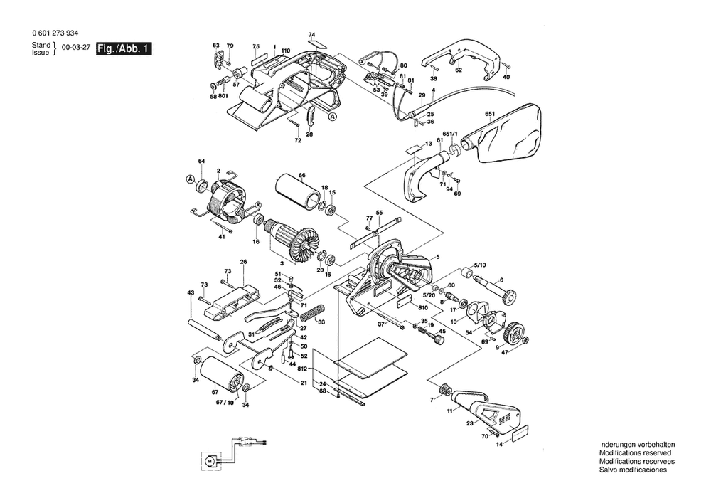 Section 1 Diagram and Parts List for GBS100A 0601273934 Bosch Belt or Drum Sander
